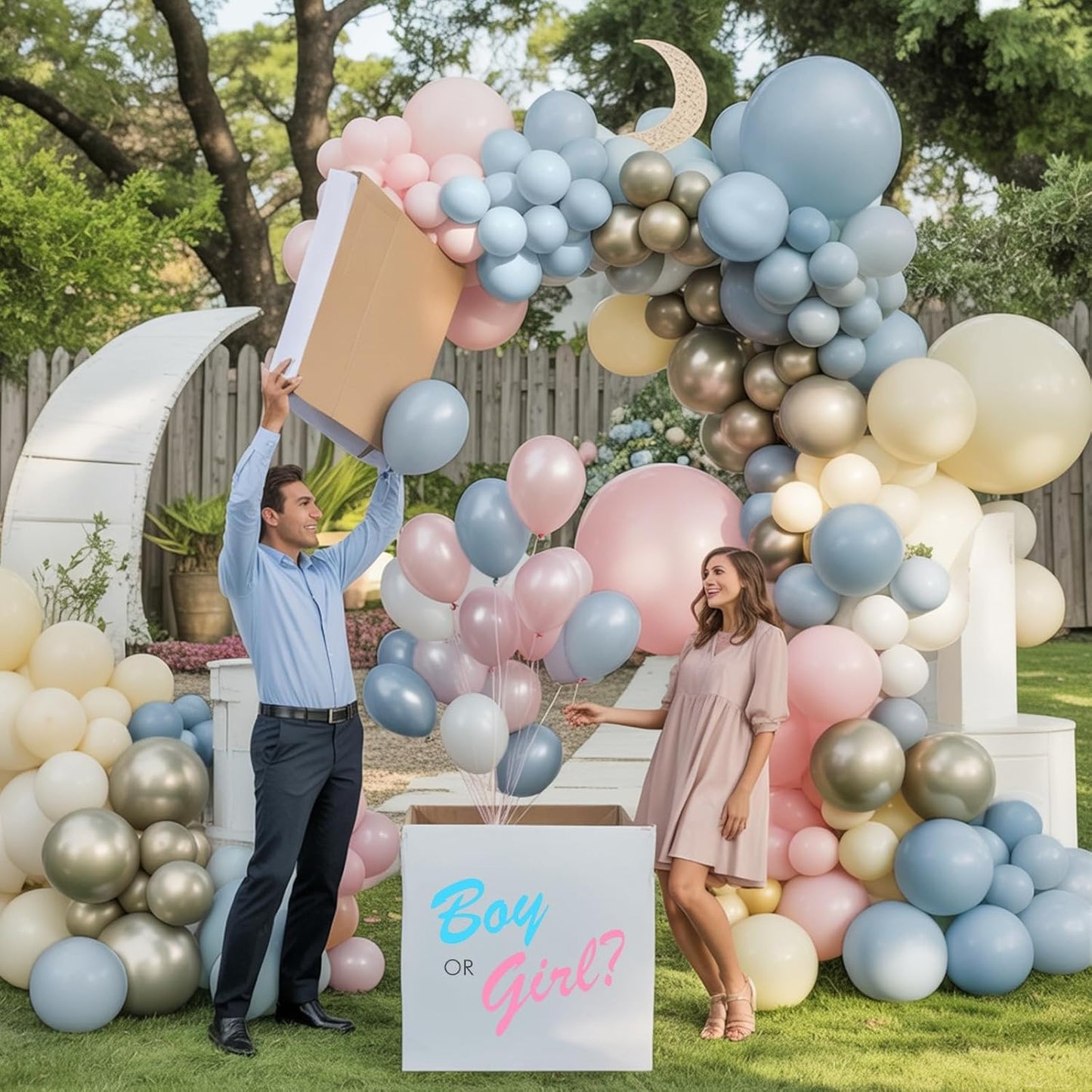 Baby Pink Blue Gender Reveal Balloon Garland Arch Kit, 120pcs Dusty Blue Pink Cream and Pastel Gold Balloons for Boho Neutral Oh Baby Shower Birthday Decor Gender Reveal Party Decorations Supplies