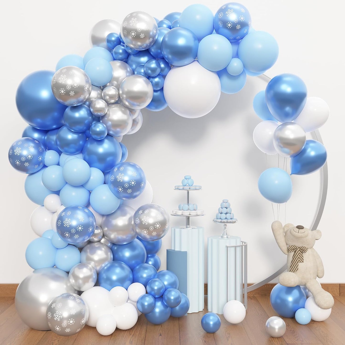 Amandir 153pcs Blue White Balloon Arch Garland Kit, Different Sizes 18 12 10 5 inch Blue Silver Latex Metallic Confetti Snowflake Balloons for Winter Wonderland Princess Baby Shower Party Decorations