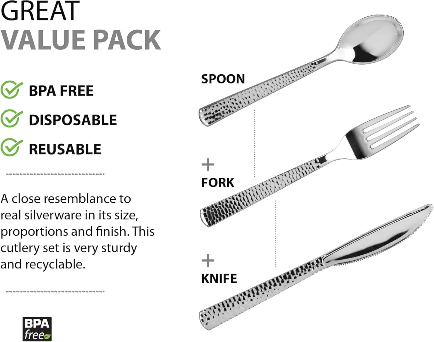 Plastic Cutlery Silverware Extra Heavyweight Disposable Flatware, Full Size Cutlery Combo, Silver Pebbled, 80 Forks, 40 Spoons, 40 Knifes, Value Pack 160 Count