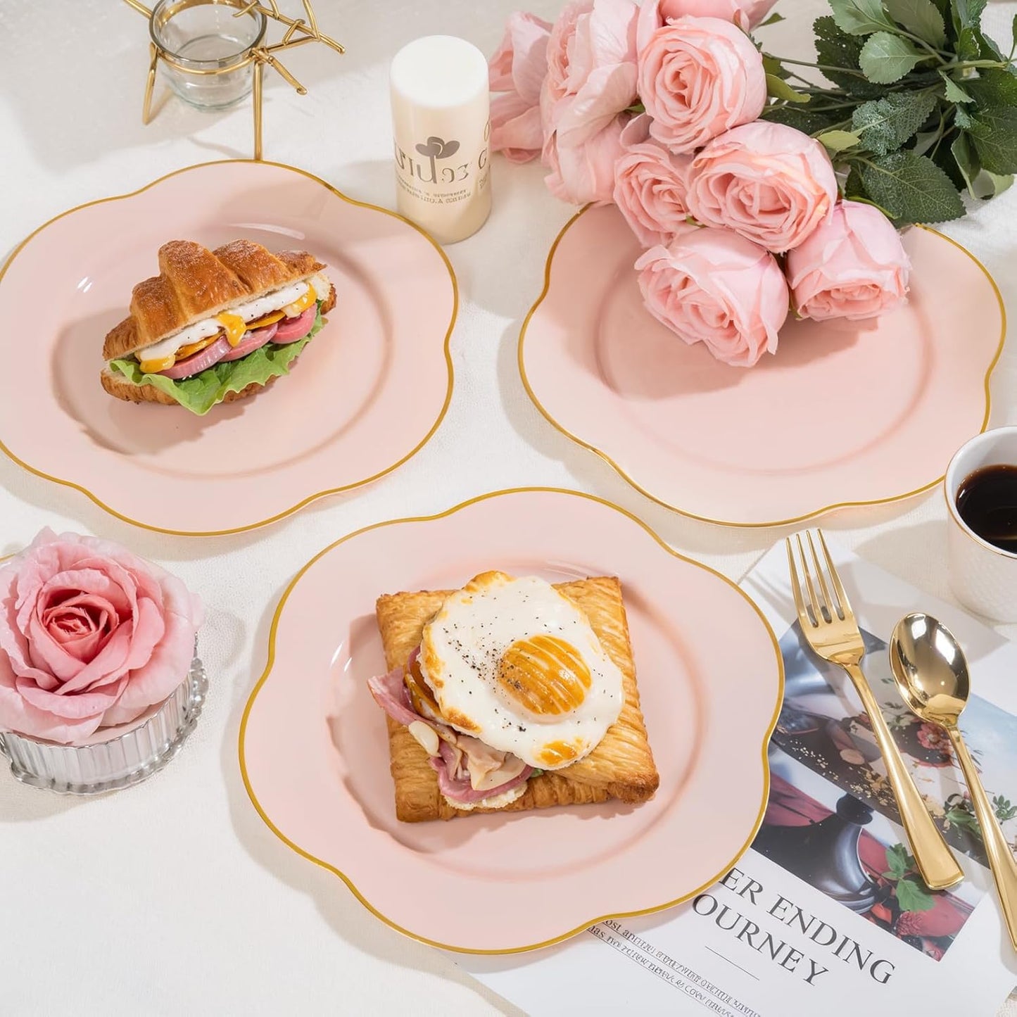 Liacere 100PCS Pink Plastic Plates - Plastic Dinner Plates - Floral Disposable 10inch Heavy Duty Pink and Gold Dinner Plates, Perfect for Wedding & Party & Holiday