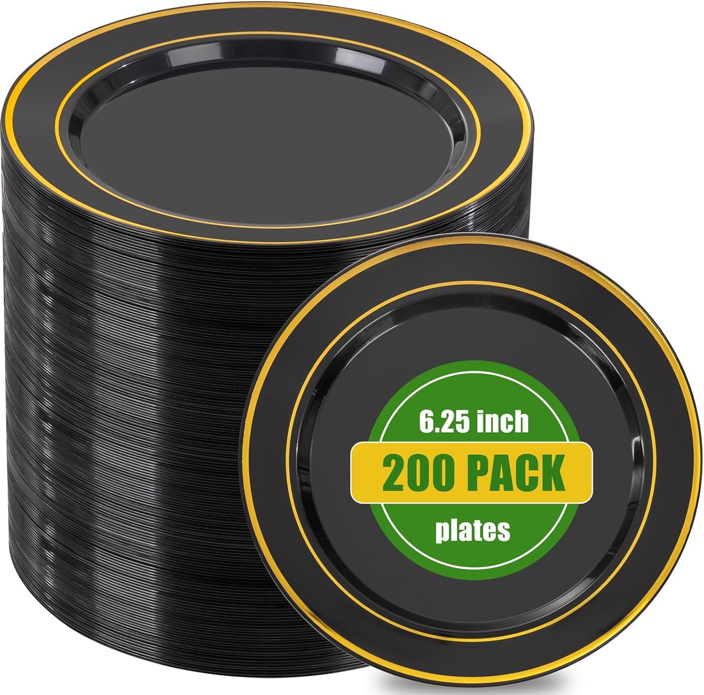 bUCLA 200PCS Black and Gold Plastic Plates - 6.25inch Black with Gold Rim Disposable Dessert/Salad/Appetizer/Small Cake Plates - Ideal for Party & New Year