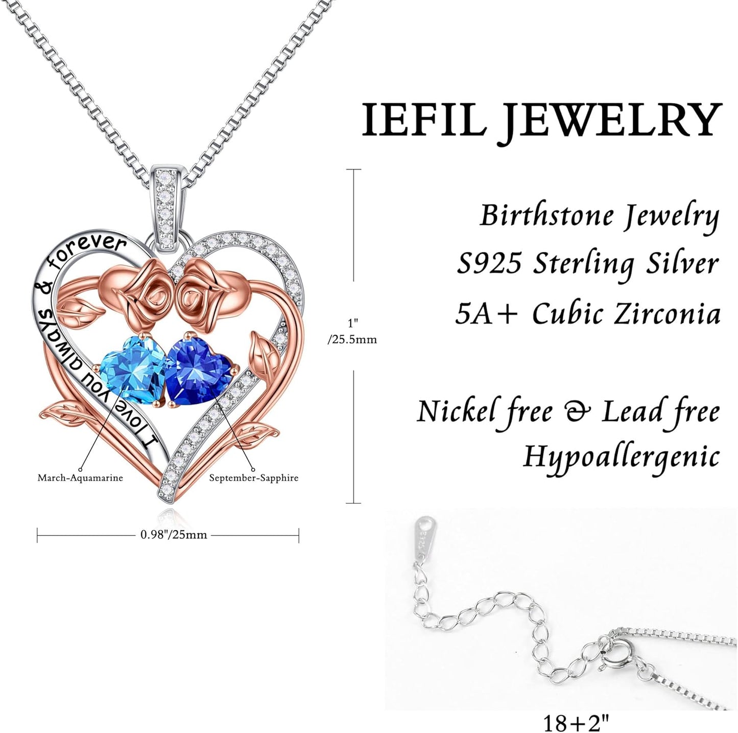 Iefil Rose Heart Double Birthstone Necklace Gifts for Wife Her Mom Women, Birthstone Jewelry Gemstone Birthday Gifts for Girlfriend Grandma Her Wife Women
