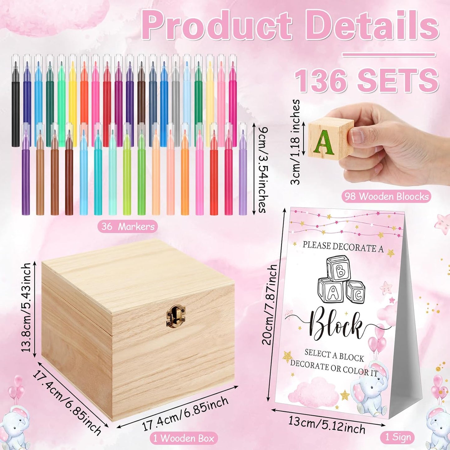 Marsui 136 Pcs Baby Shower Blocks to Decorate Game Kit Includes 98 Wooden Blocks, 36 Markers, 1 Game Sign, 1 Storage Box for Baby Shower Gender Reveal Activity Party Decorations(Pink Elephant)