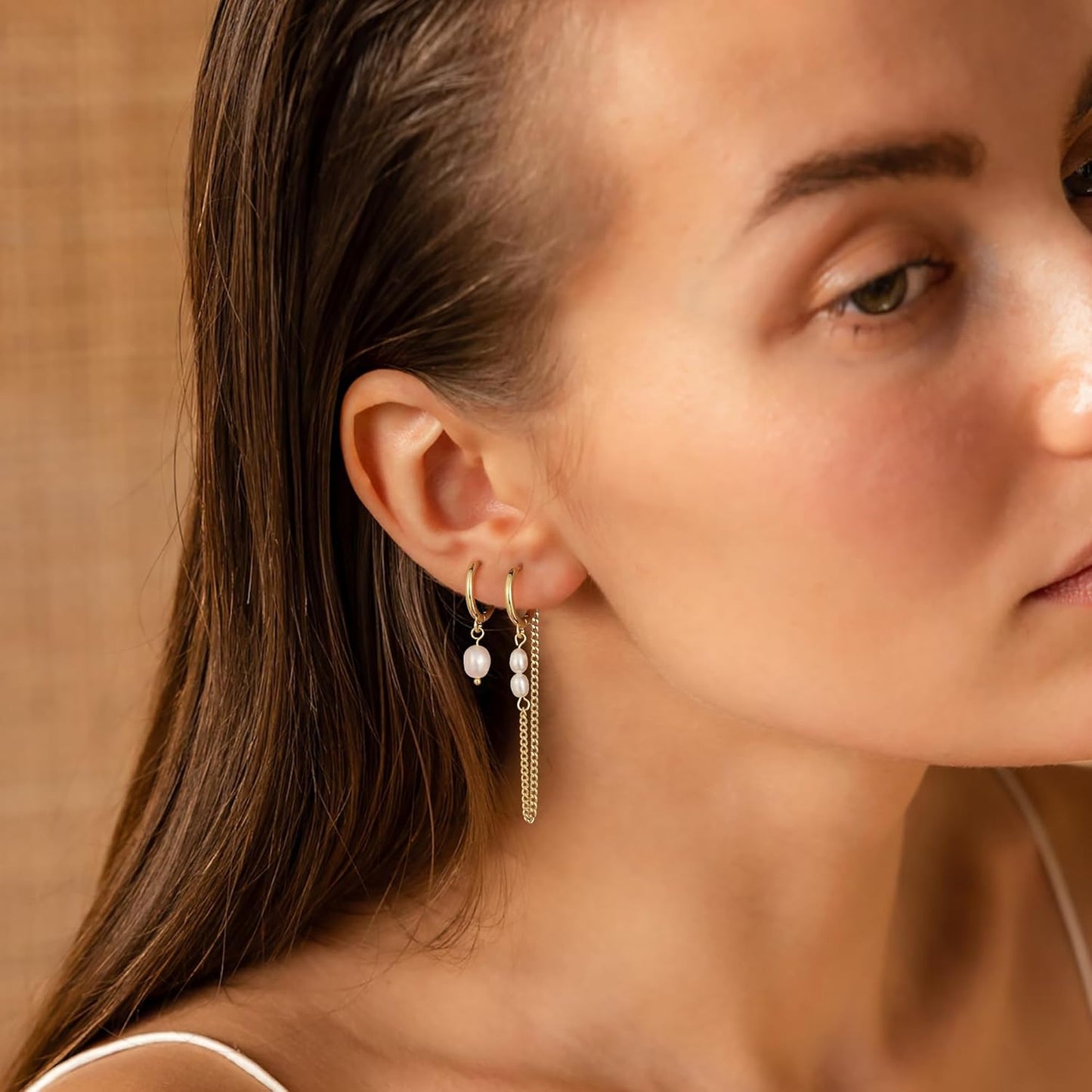 Moodear Gold Earrings for Women No Tarnish - Trendy 14K Gold Plated Pearl Hoop Studs Chain Earrings Stacks for Women Wedding Jewelry Gift