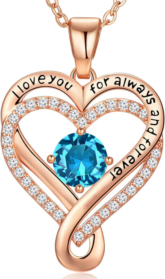 18K Rose Gold Infinity Love Heart Birthstone Necklace for Women Wife, Anniversary for Women Wife Birthday Gift for Her Girlfriend Mom Daughters, I Love You Women's Jewelry S925 Sterling Silver