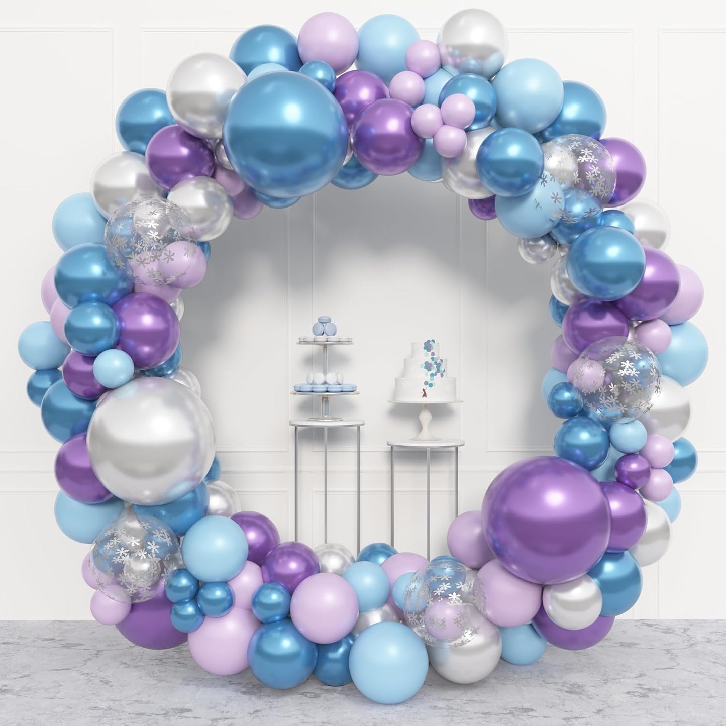Amandir 153pcs Blue Purple Balloon Garland Arch Kit, Different Sizes 18 12 10 5 inch Blue Purple Pearlescent Metallic Confetti Snow Balloons for Princess Winter Wonderland Girl Baby Party Decorations