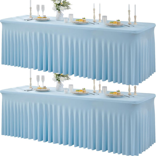 2 Pack Spandex Baby Blue Table Clothes for 8 Foot Rectangle Tables, Wrinkle Free Table Cloth 8ft Stretchy Tablecloths with Skirt for Parties Weddings Birthday Banquet Baby Shower