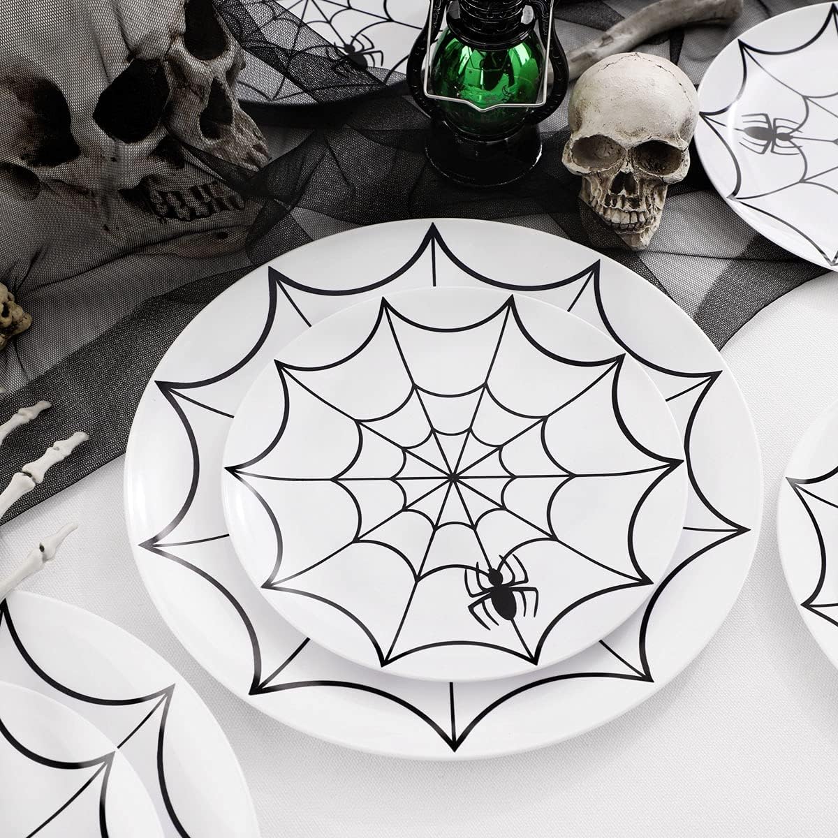 WDF 60Pieces Halloween Plates Disposable Plastic - White and Black with Cobwebs plates Dinnerware include 30PCS 10.25inch and 30PCS 7.5inch Plates for Halloween