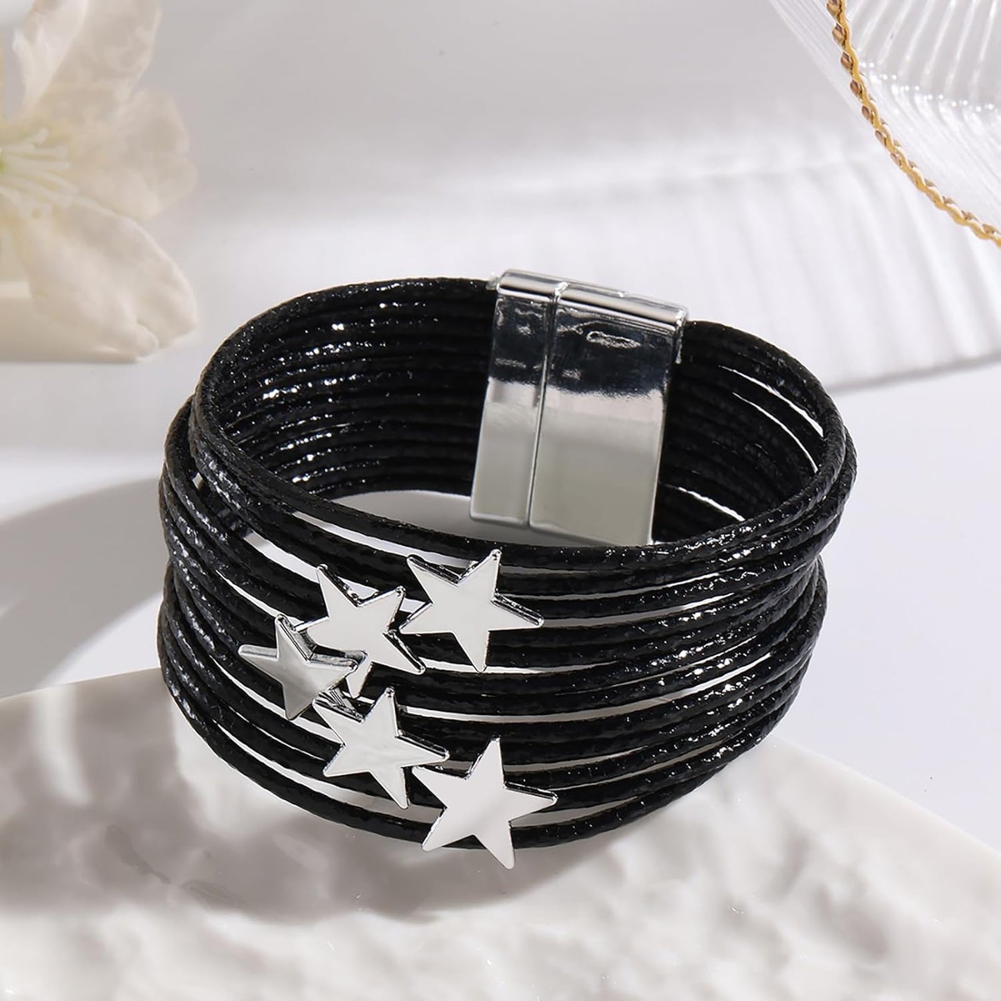 Fesciory Leather Wrap Bracelets for Women, Boho Leopard Multi-Layer Crystal Beads Cuff Bracelet Jewelry