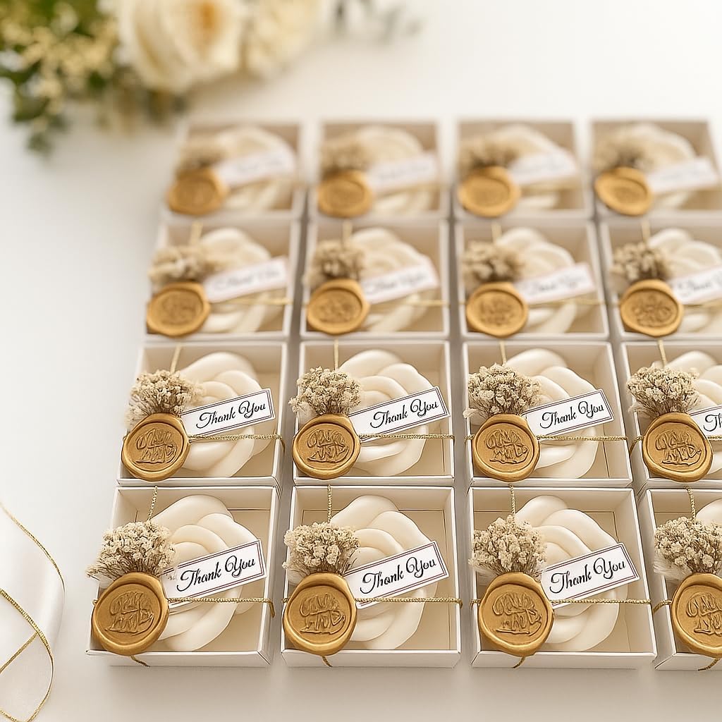 White Rose Petal Soy Wax Candles in Bulk – Rose Candle Wedding Favors for Guests, Personalized Candle Favors for Bridal Shower & Baby Shower Gifts – Dried Flower & Wax Seal Design (40 Pieces)