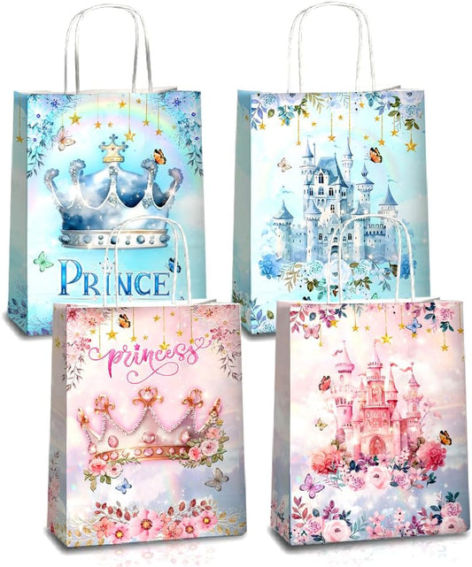 24 Pcs Princess Prince Party Favor Bags with Handles - Prince Princess Castle Goodie Gift Candy Treat Paper Bags for Birthday Gender Reveal Baby Shower Party