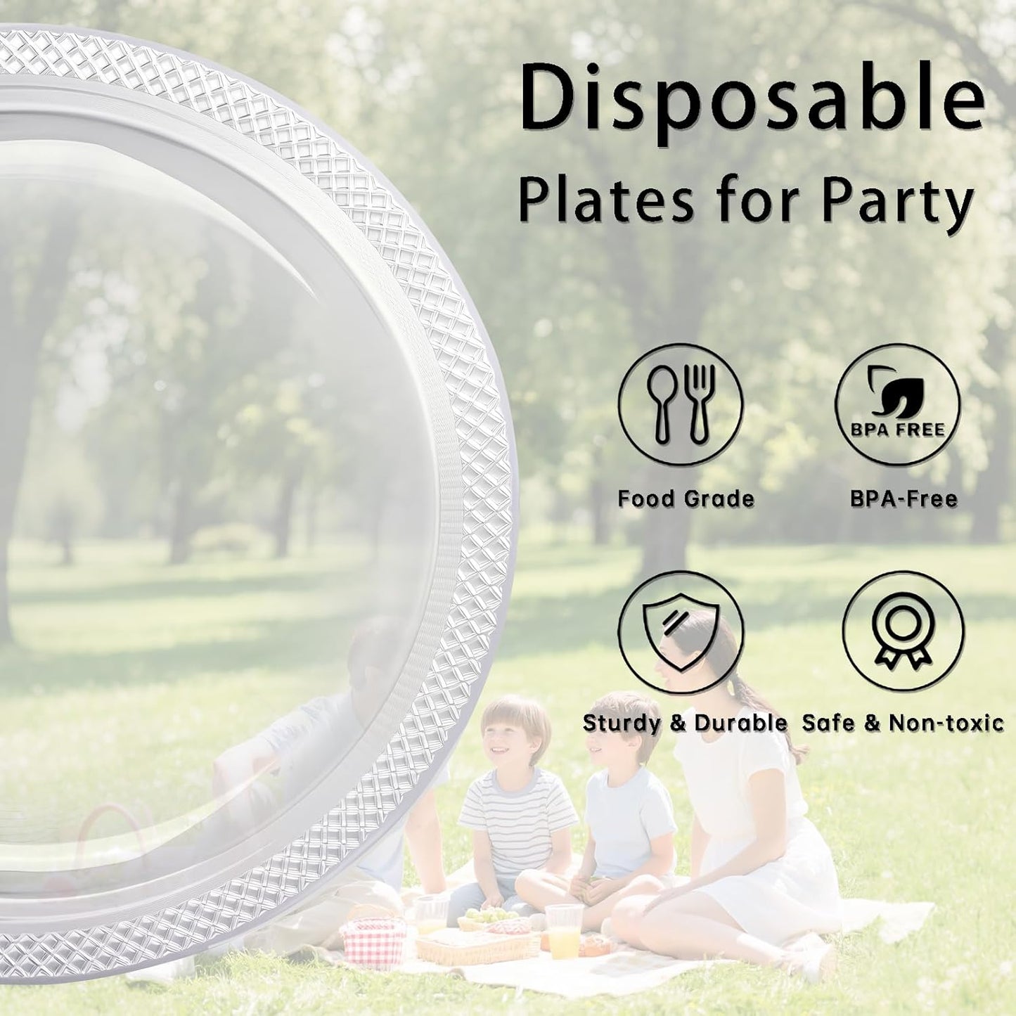 WELLIFE 9 Inch Plastic Plates Clear 50 Count Disposable Plate for Party, Dessert Plates for Dinner Cake Salad Supplies Birthday