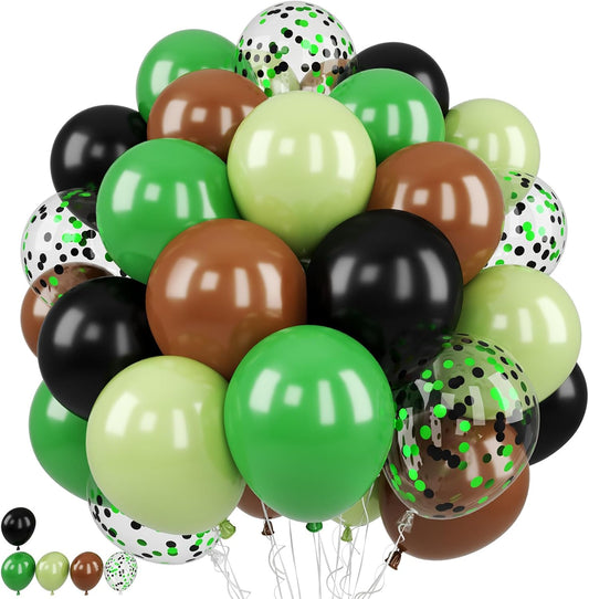 Green and Brown Balloons, 50PCS 12 Inch Camouflage Green Black Brown Ballons, Dark Emerald Green Confetti Balloon for Camping Game Jungle Theme Camo Birthday Army Party Decorations