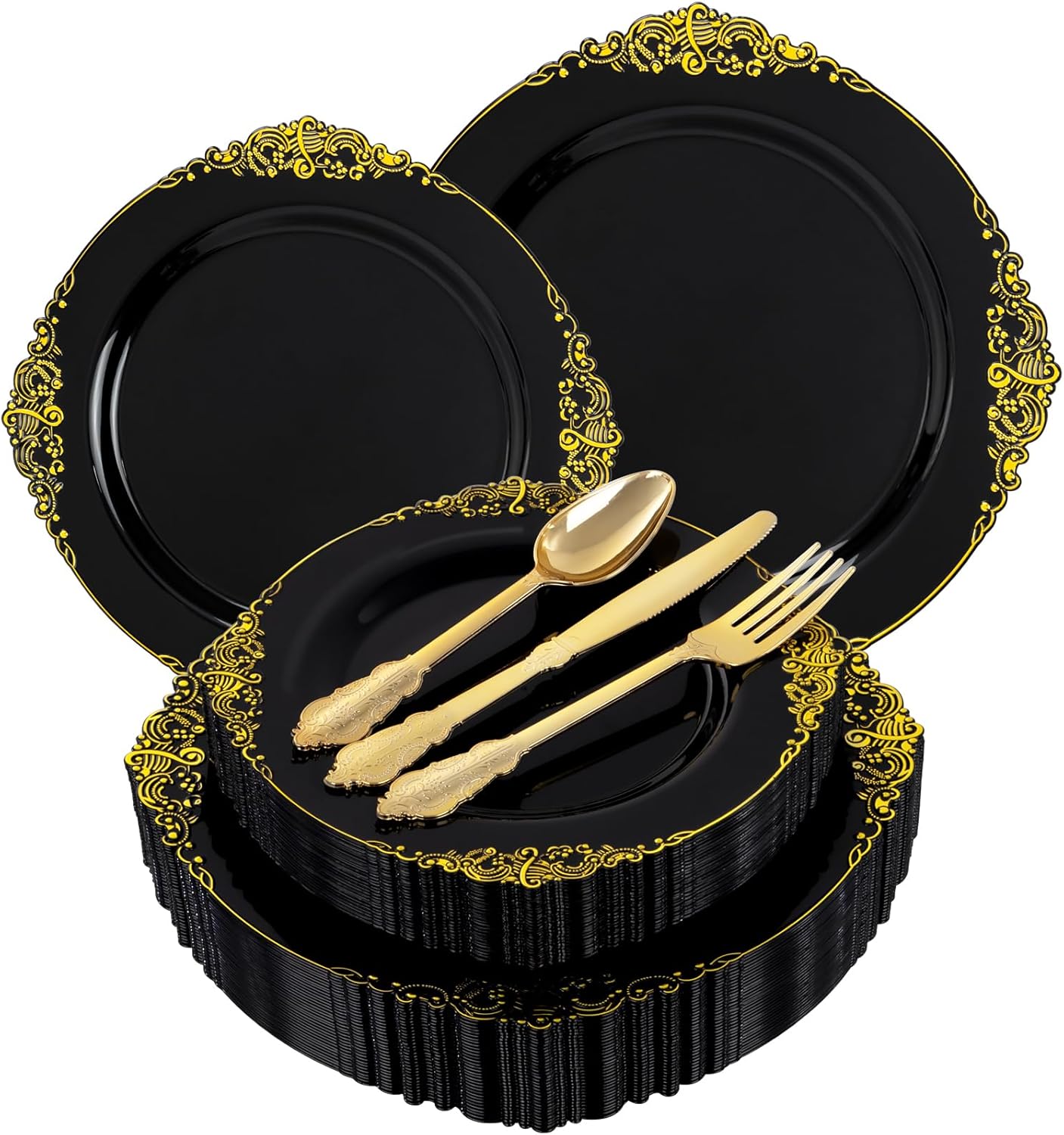 125PCS Black and Gold Plastic Plates - Black Disposable Dinnerware Set - Vintage Plastic Plates with Gold Silverware for 25 Guests for Wedding Party Halloween