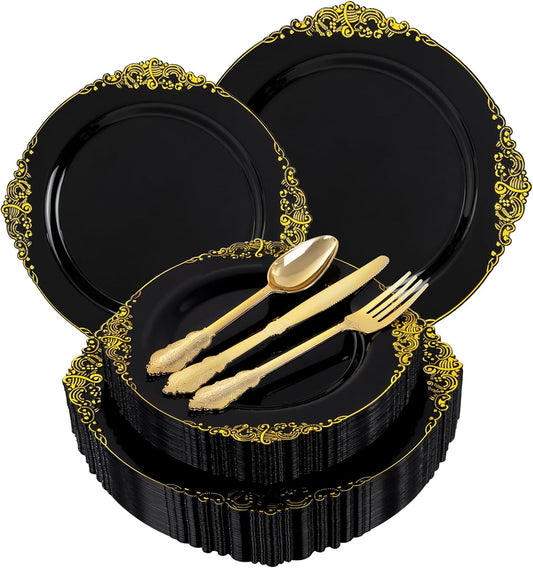 125PCS Black and Gold Plastic Plates - Black Disposable Dinnerware Set - Vintage Plastic Plates with Gold Silverware for 25 Guests for Wedding Party Halloween