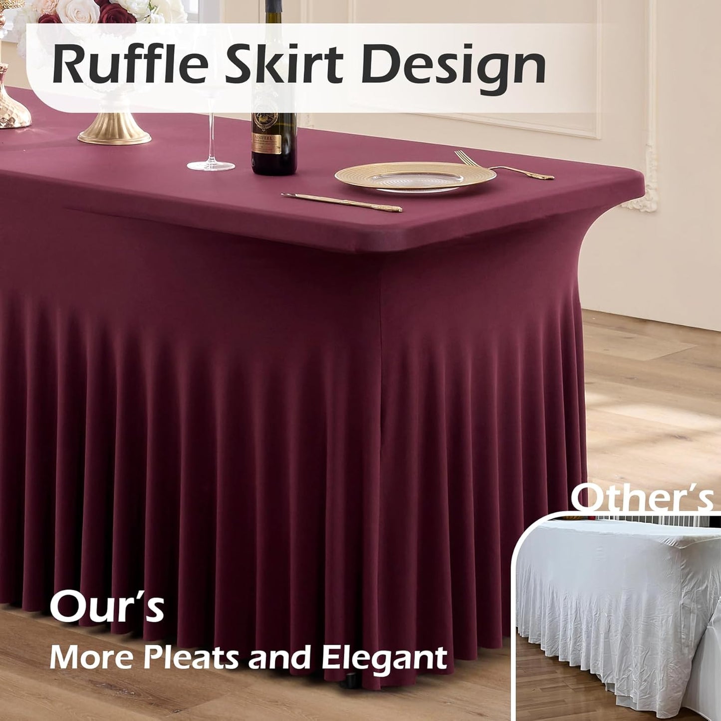 6 pk Burgundy Spandex Tablecloth 6ft with Ruffled Tables,Wrinkle Free High-Stretch Fitted Table Cloths for 6 Foot Rectangle Tables,Elastic Maroon Spandex Table Covers 6 ft for Weddings Banquet Dinning
