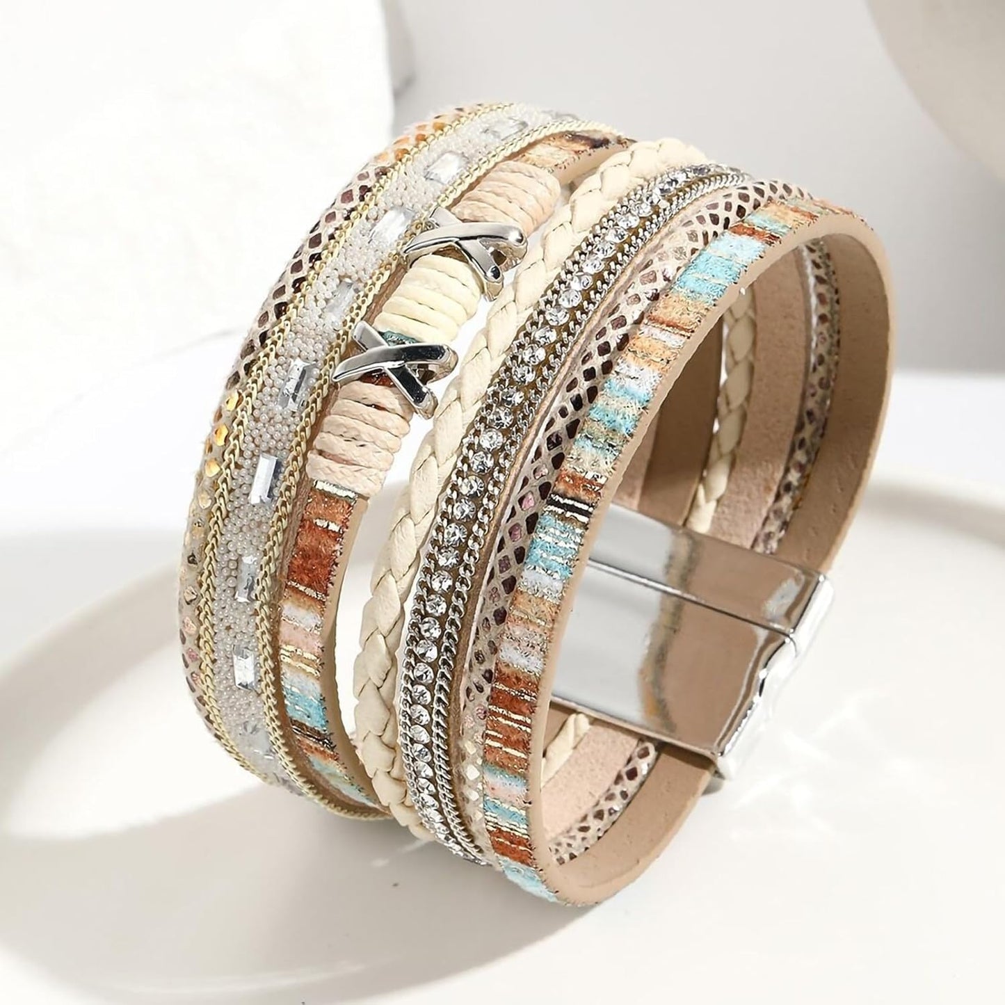 Fesciory Leopard Bracelet for Women, Boho Leather Wrap Multi-Layer Pearl Crystal Bracelet Bangle Jewelry