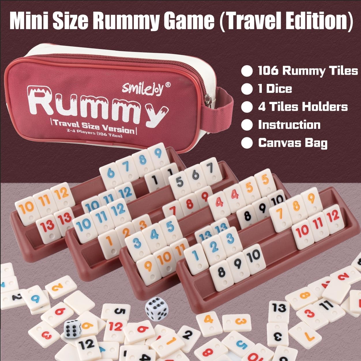 Smilejoy Mini Rummy Cube 4 Players Edition,Travel Rummy Game Set with Portable Canvas Bag,Classic Board Game for Adults and Kids |106 Tiles | 4 Playing Racks |1 Dice | (2-4 Player)