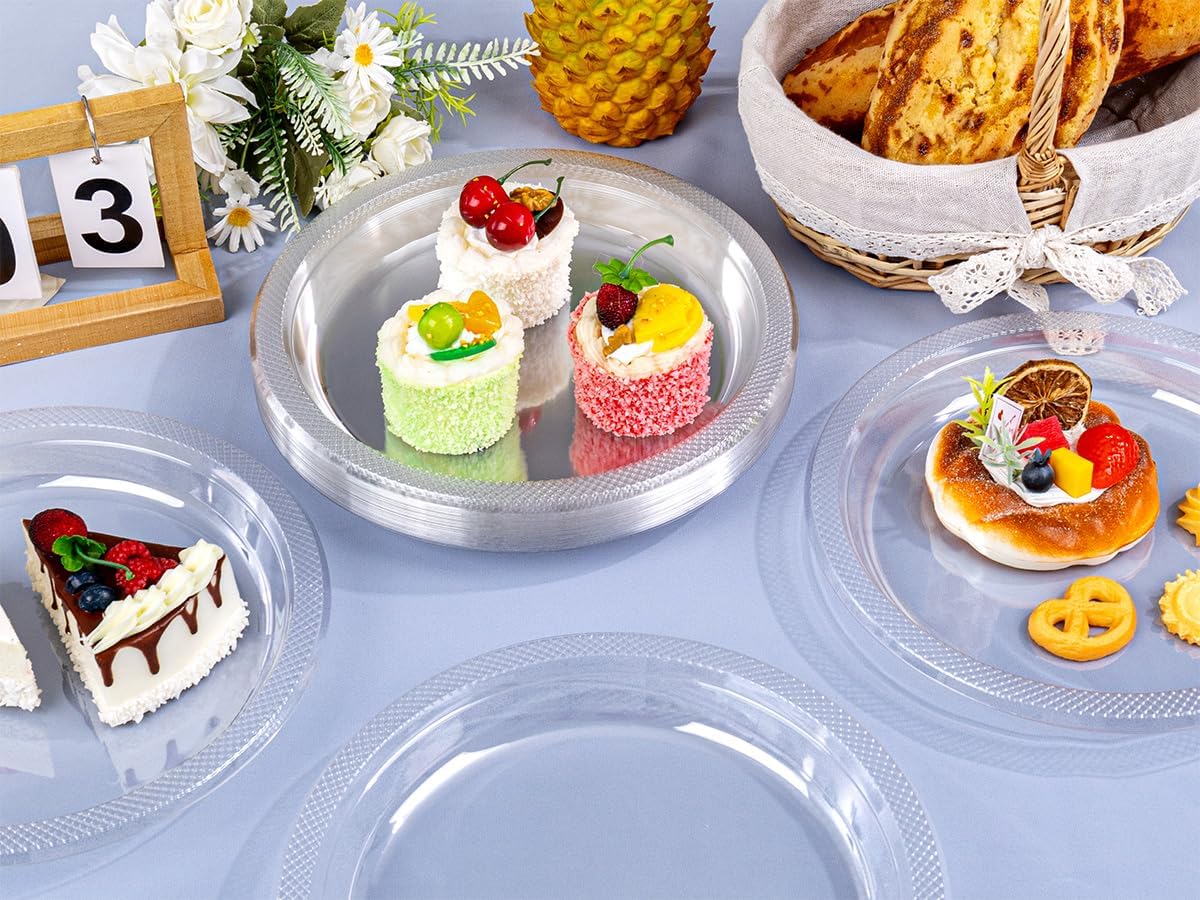 WELLIFE 10 Inch Plastic Plates Clear 50 Count Disposable Plate for Party, Large Big Plates for Dinner Party Supplies Birthday Camping BBQ