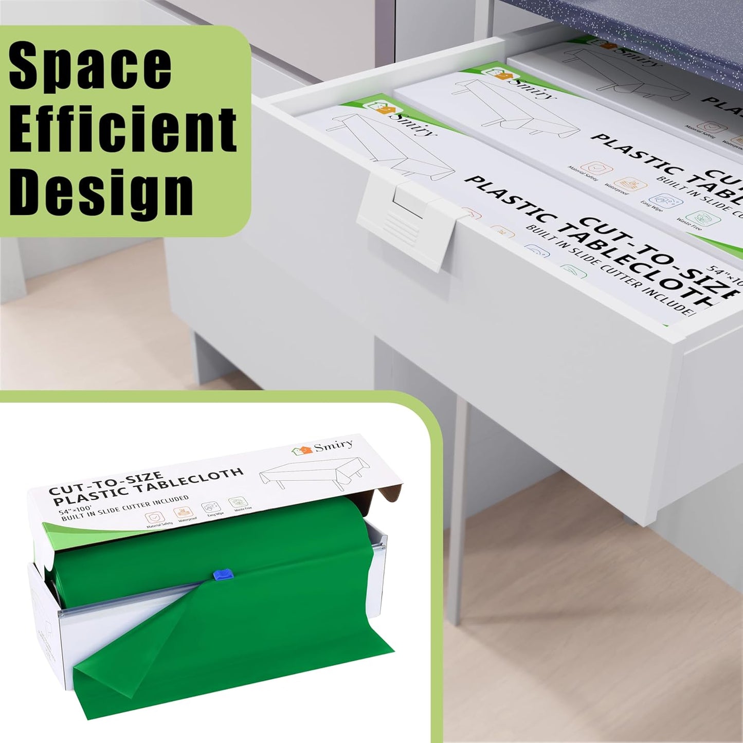 Smiry 54 Inch x 300 Feet Disposable Table Cover Roll, Green Plastic Table Cloth in Cut-to-Size Box with Slide Cutter, Waterproof Rectangle Tablecloths for Weddings, Banquets, Outdoor