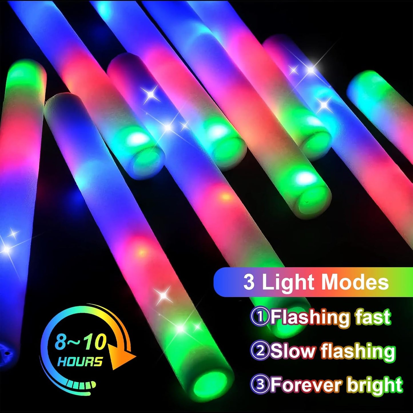 EXCECAR 188PCS Foam Glow Sticks, Led Light Up Foam Sticks with 3 Modes Flashing Changing, Glowing in The Dark for Event Party Wedding Halloween Christmas Concert Supplies