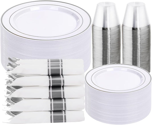 DaYammi 350PCS Silver Plastic Dinnerware Set for 50 Guests, Fancy Disposable Plates for Party, Include: 50 Dinner Plates, 50 Dessert Plates, 50 Pre Rolled Napkins with Silver Silverware, 50 Cups