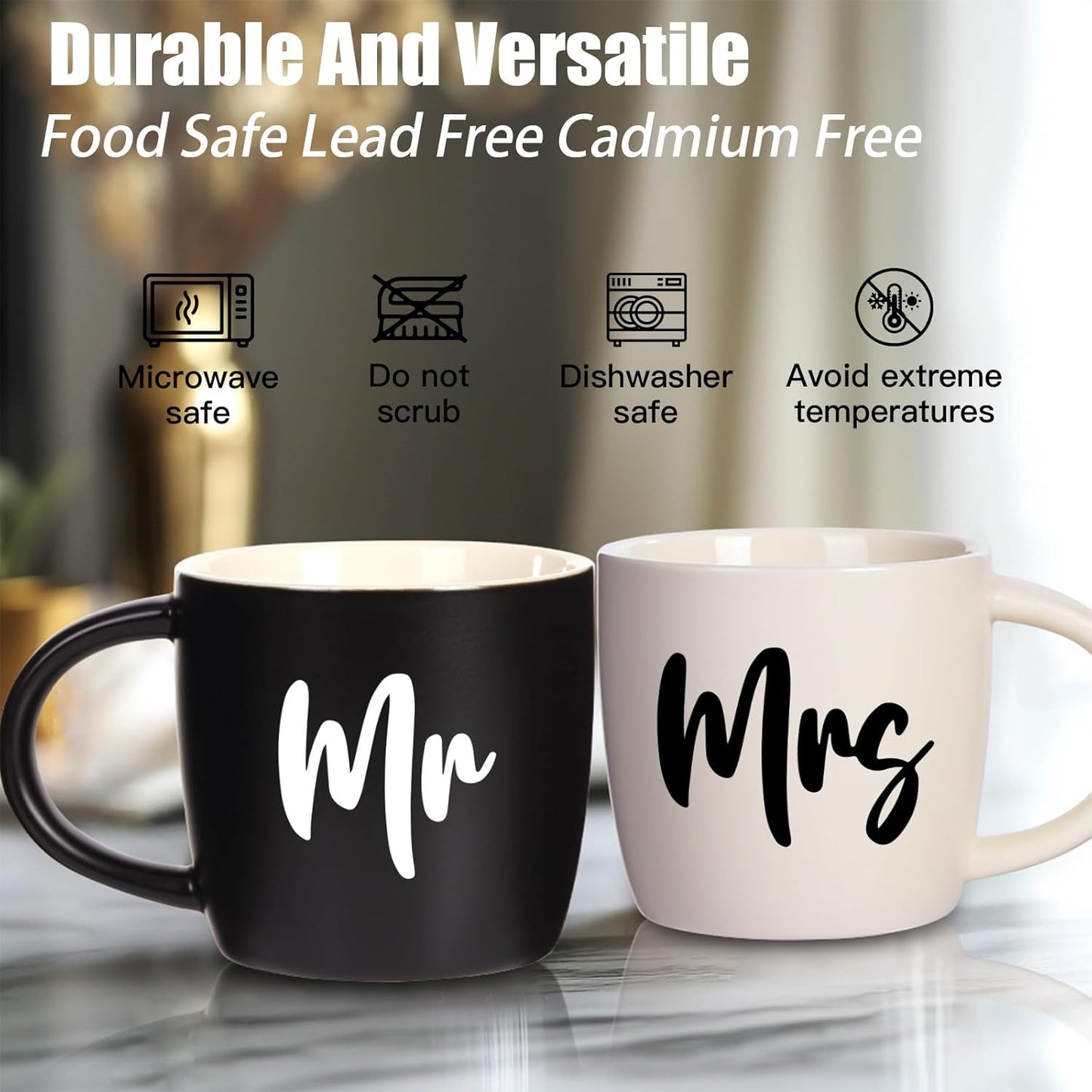12 oz Mr and Mrs Mug, Ceramic Coffee Mug for the Couple, Ideal Gift for Engagement, Anniversary, His and Hers, Bride and Groom,Wedding Gifts for Couples 2025 - Set of 2 (Black & White)