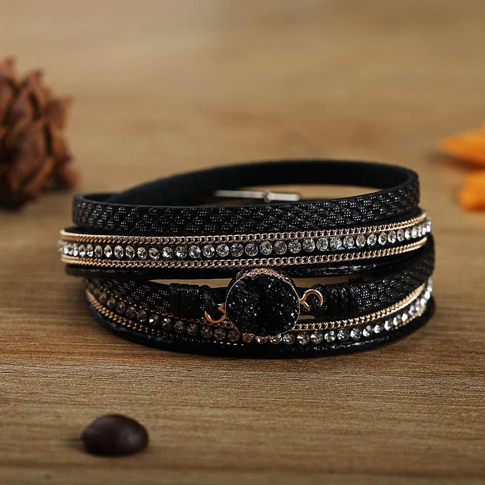 Fesciory Leather Wrap Bracelets for Women, Boho Leopard Multi-Layer Crystal Beads Cuff Bracelet Jewelry
