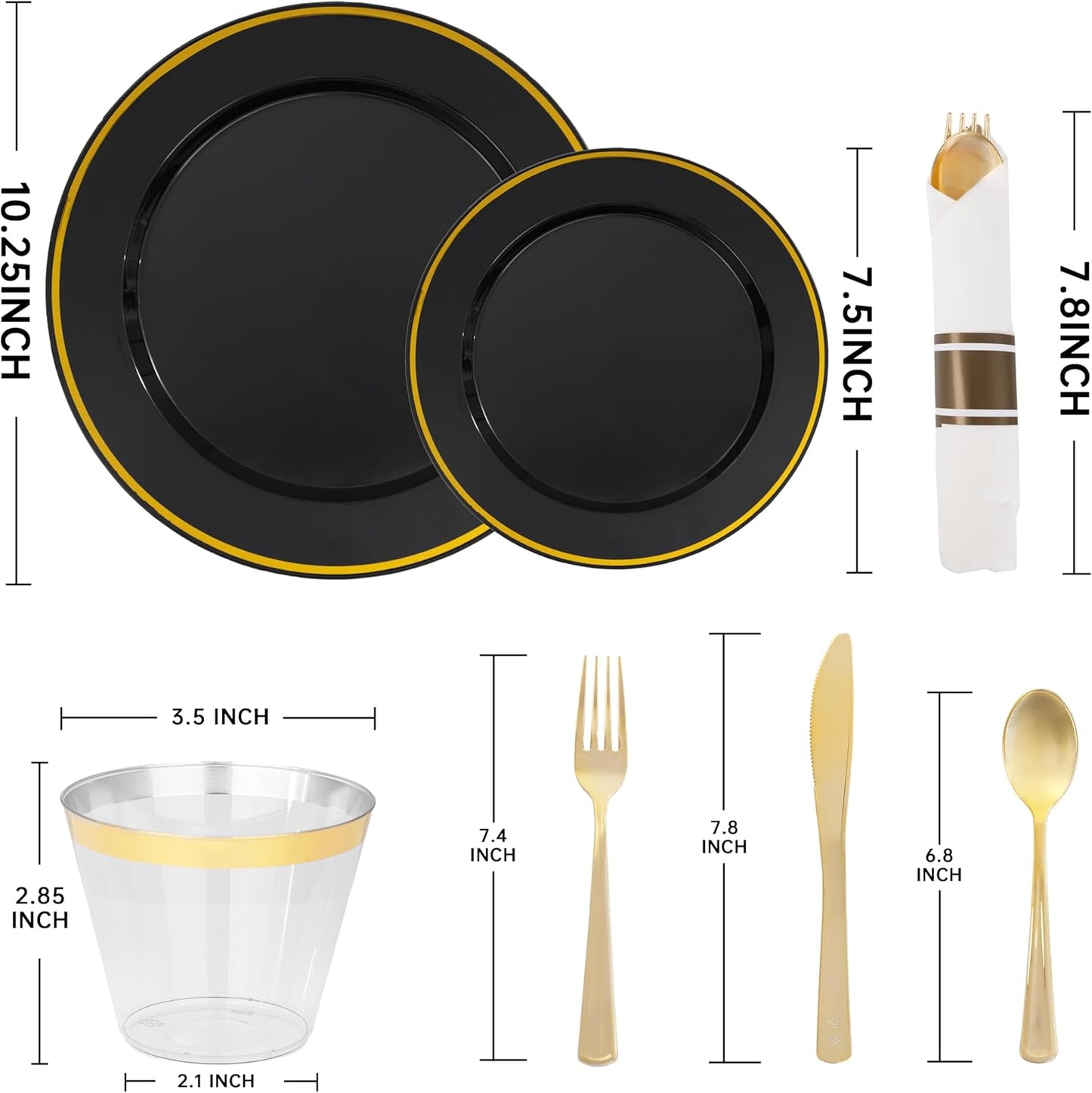 SUT 175 Pcs Black and Gold Plastic Dinnerware Set for 25 Guests, Include: 25 Dinner Plates, 25 Dessert Plates, 25 Pre Rolled Napkins With Silverware, 25 Cups, Disposable Plates for Party