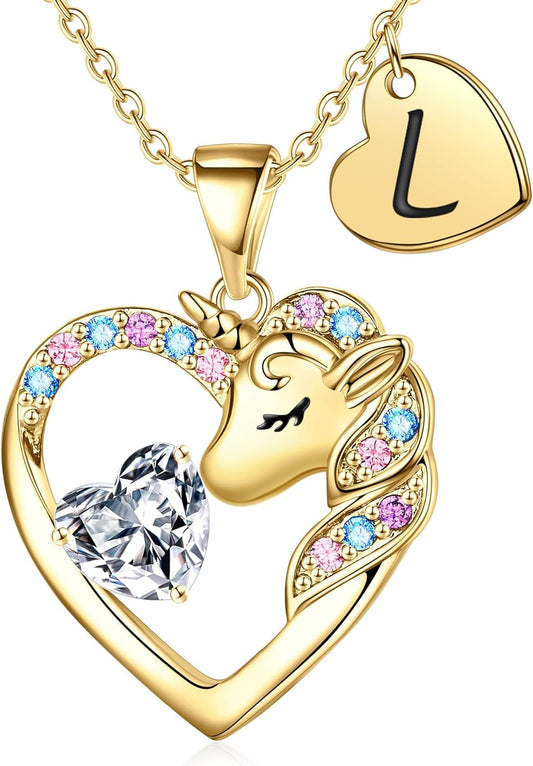 Christmas Gifts for Grandkids Kids - Colorful CZ Heart Initial Unicorn Necklace for Girls Jewelry Unicorn Birthday Gifts for Girls Stocking Stuffers for Kids