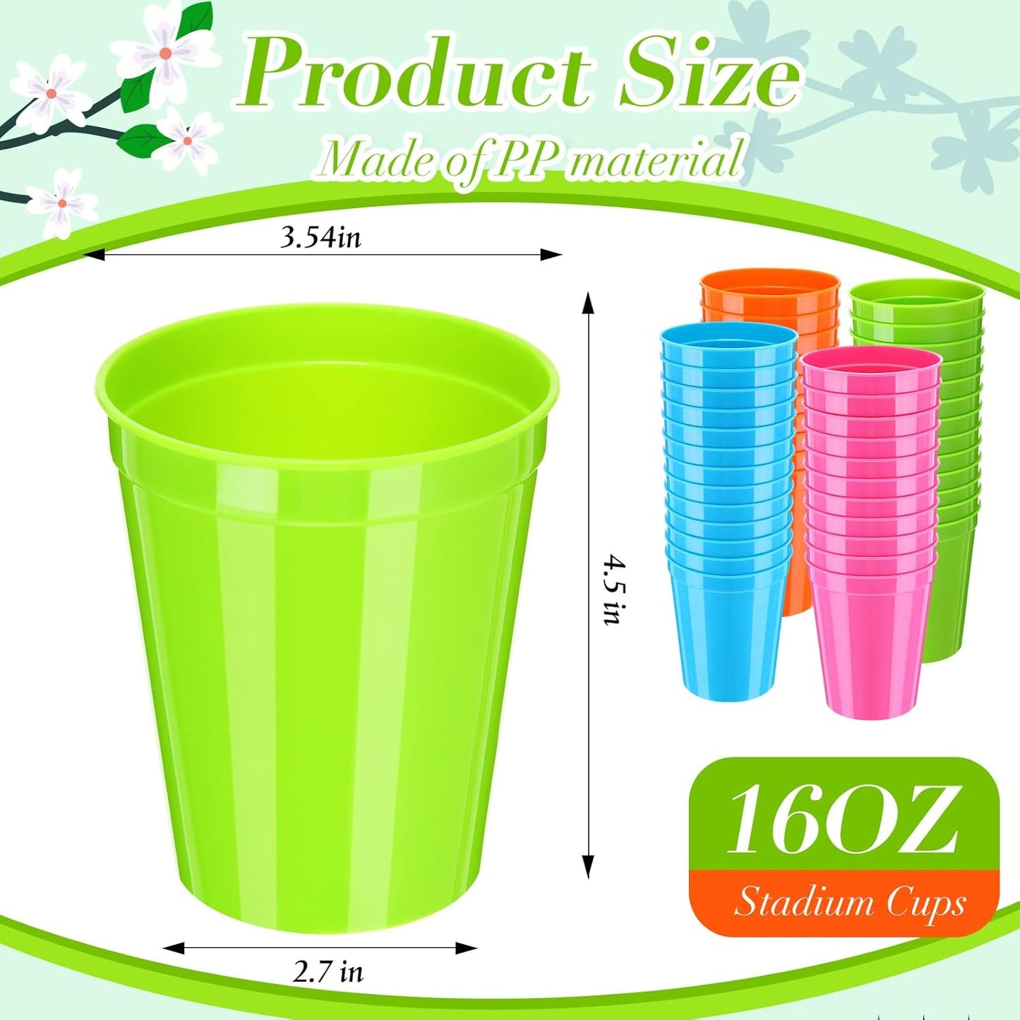 Yungyan 100 Pack 16oz Stadium Cups Reusable Plastic Cups Blank Drink Tumblers for Parties, Events, DIY Projects, 4.5 x 3.54 x 2.72 Inch (Bright Colors)