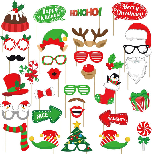 Avezano Christmas Photo Booth Props, 32Pcs Christmas Party Decorations Set Party Favors, Selfie Holiday Photo Prop for Photography, Christmas Games for Party Supplies for Kids Adults