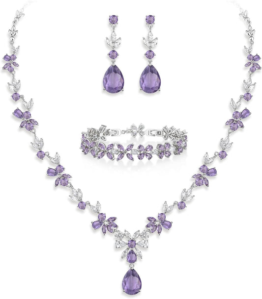 Crysdue Wedding Jewelry Set for Women, Floral Leaf Vine Teardrop Necklace Dangle Earrings Bracelet and Hair Comb, Cubic Zirconia Elegant Party Prom Jewellery for Bridal Bridesmaid