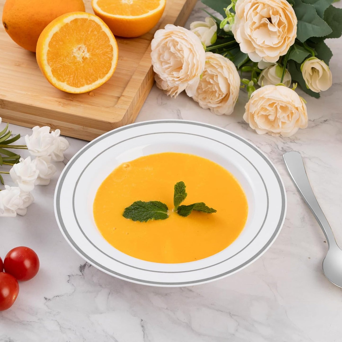 Goodluck 100 Pack Plastic Bowls with Silver Rim, 12oz Disposable Soup Bowls, Heavy Duty Dessert Bowls for Weddings, Parties, Dinners, Catering, and Everyday Use