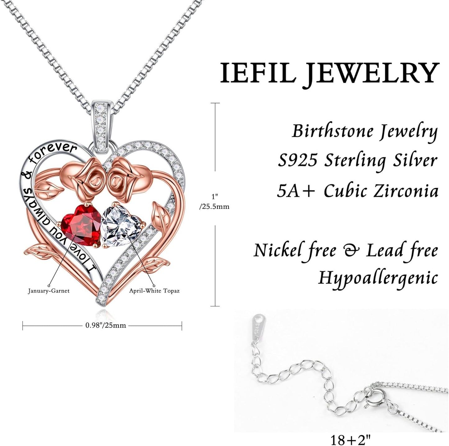 Iefil Rose Heart Double Birthstone Necklace Gifts for Wife Her Mom Women, Birthstone Jewelry Gemstone Birthday Gifts for Girlfriend Grandma Her Wife Women