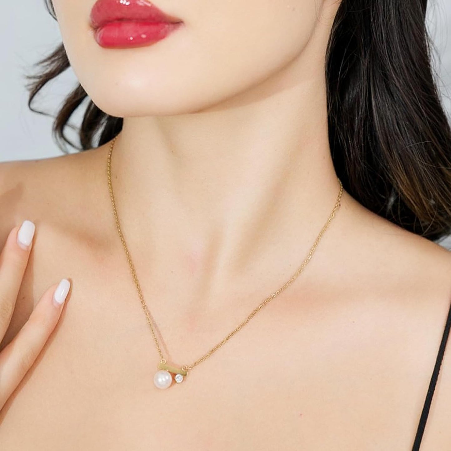 Pearl Necklace and Earring Set, 18K Gold Plated Earrings and Necklace Set for Women, Dainty Freshwater Pearl Jewelry Set for Women Gift