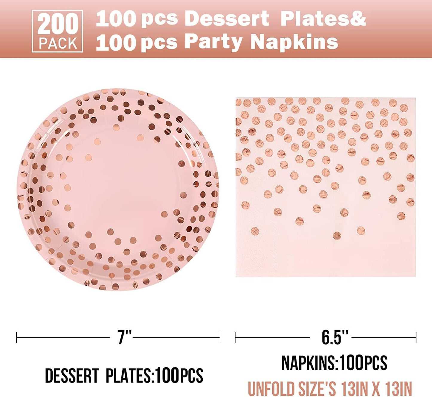 Pink and Rose Gold Paper Plates and Napkins Set-200Pcs-100 x 7" Disposable Paper Plates & 100 x 6.5" Napkins,Disposable Pink Plate and Napkin Party Supplies for Baby Showers,Birthdays