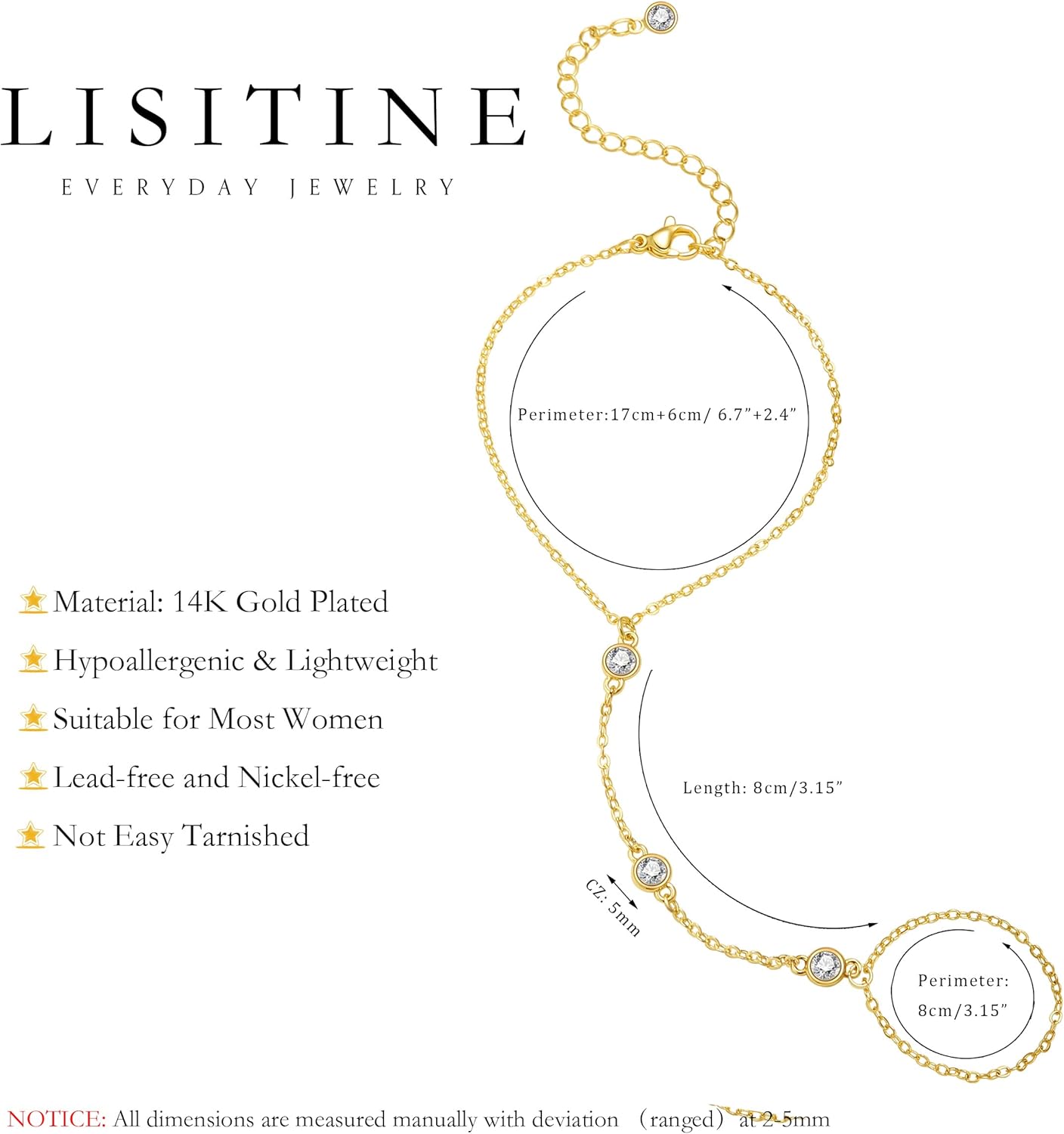 Listine Hand Chain Bracelet 14K Gold Plated Ring Bracelet Hand Chain Trendy Stuff for Women Dainty Hand Bracelets with Finger Ring Hand Jewelry for Women