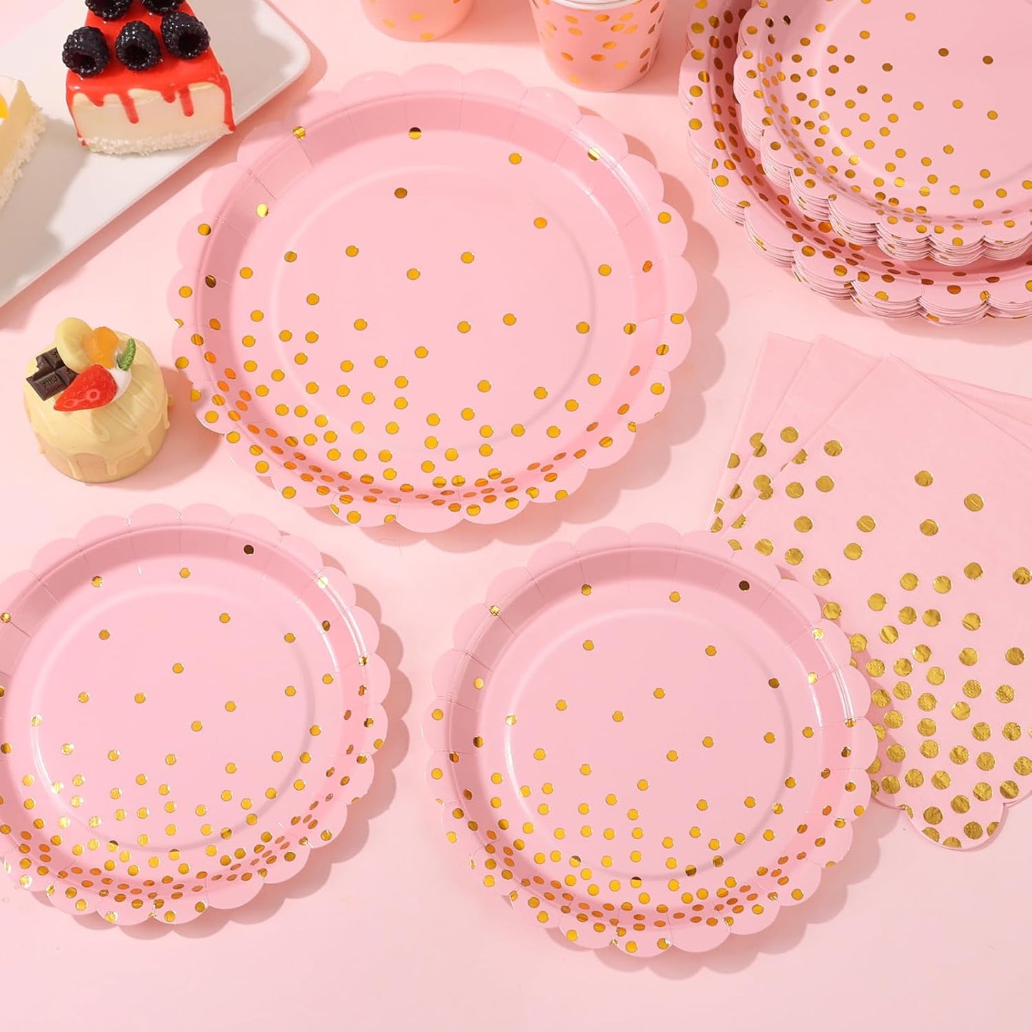 175 Pink Rose Gold Plates Napkins Party Decorations, Pink and Gold Disposable Party Supplies, Plastic Forks Knives Spoons Rose, Golden Dot Paper 9 Inch for Baby Shower Birthday, Severs 25