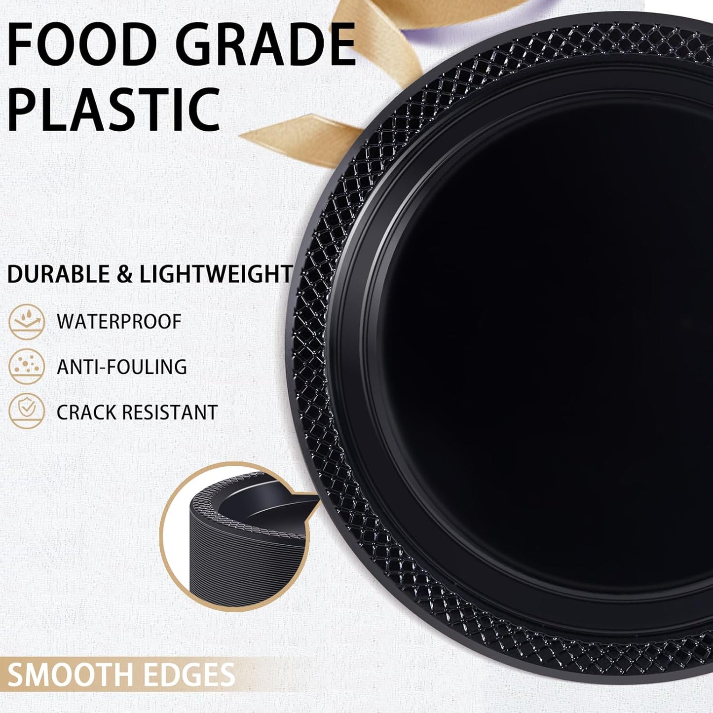 WELLIFE Black Plastic Plates 9 Inch -150 Count for Party, Plastic Disposable Dinner Plates for Halloween Picnic BBQ