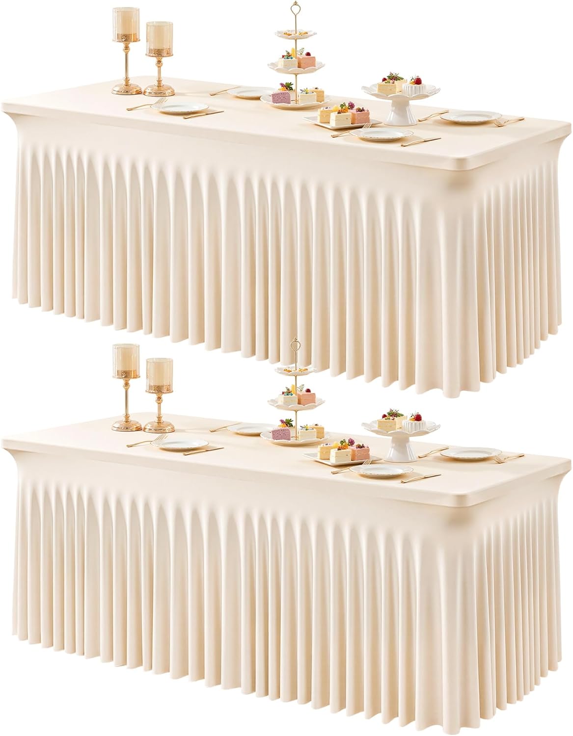 2 Packs Light Champagne Table Clothes for 6 Foot Rectangle Tables, One-Piece Wrinkle Resistant Stretch Spandex Table Covers with Skirt for Event Banquet Wedding Birthday Party