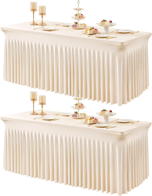 2 Packs Light Champagne Table Clothes for 6 Foot Rectangle Tables, One-Piece Wrinkle Resistant Stretch Spandex Table Covers with Skirt for Event Banquet Wedding Birthday Party