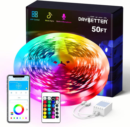 DAYBETTER Smart RGB Led Strip Lights, 50ft Led Lights for Bedroom with App Control, Multicolor Changing Led Light Strips Apply for Home Decor, Living Room, Kitchen, Home Party Decoration, 12V