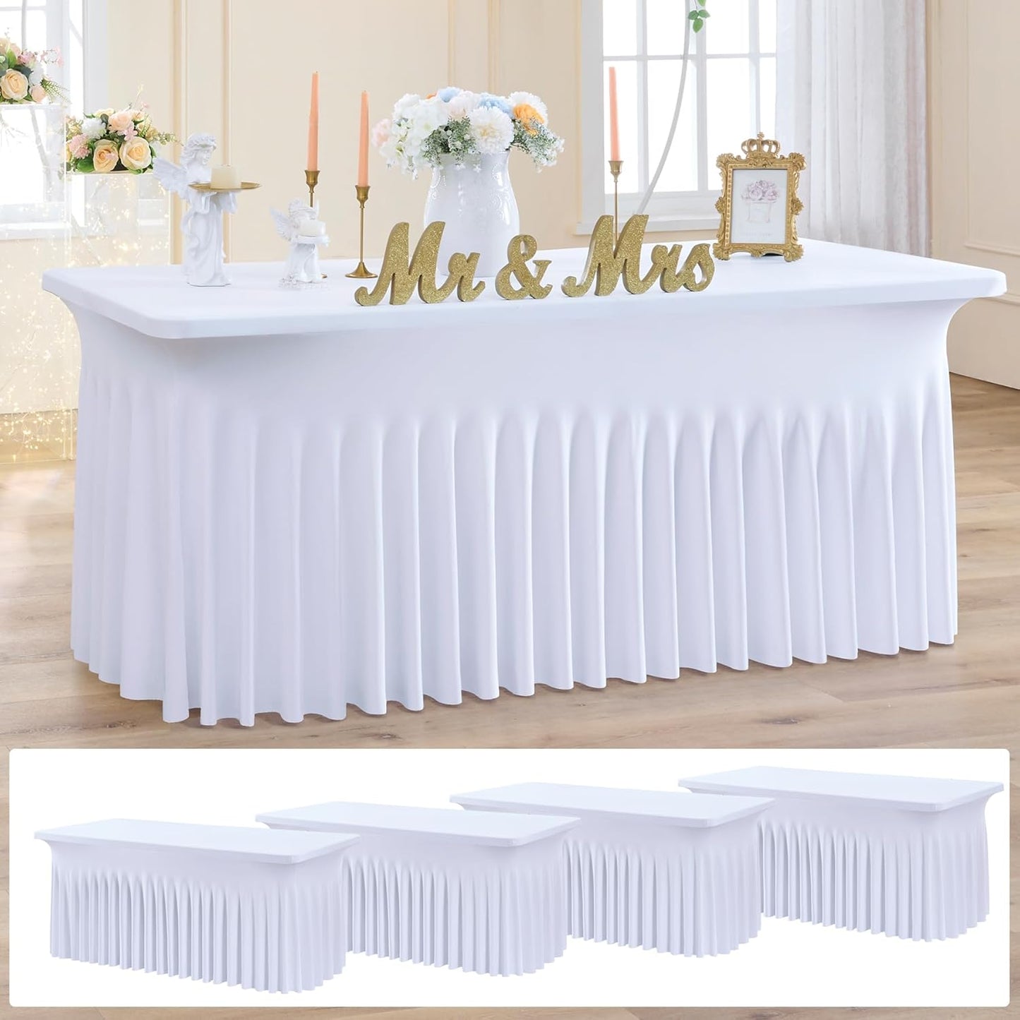 NSSONBEN 4 Pack White Spandex Tablecloth 6ft, Wrinkle Free High Stretch Fitted Tablecloths for 6 Foot Rectangle Tables, Elastic Spandex Table Covers 6ft with Pleats Skirt for Party Wedding Banquet