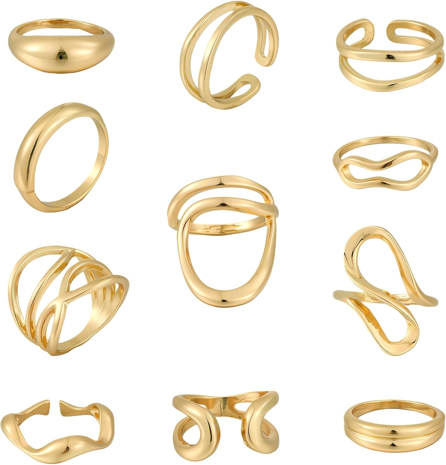 FAXHION 12PCS Gold Stackable Rings Set for Women, 18K Gold Plated Open Stacking Knuckle Ring, Adjustable Chunky Signet Band Statement Ring for Gift