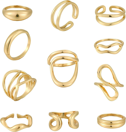 FAXHION 12PCS Gold Stackable Rings Set for Women, 18K Gold Plated Open Stacking Knuckle Ring, Adjustable Chunky Signet Band Statement Ring for Gift