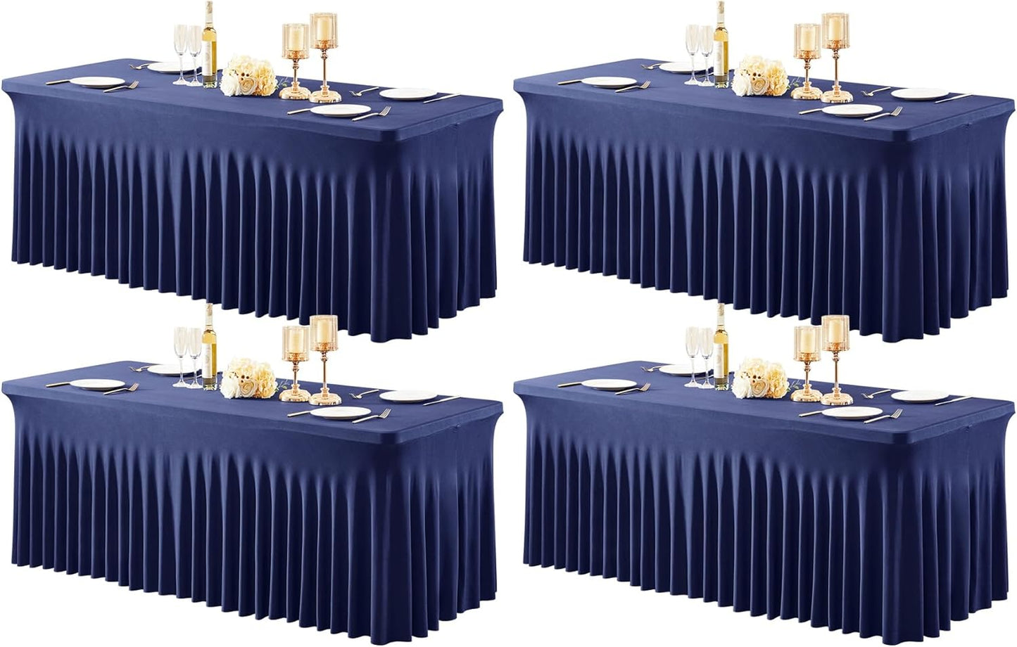 4 Packs Navy Blue Table Clothes for 6 Foot Rectangle Tables, One-Piece Wrinkle Resistant Stretch Spandex Table Covers with Table Skirt for Event Banquet Wedding Birthday Party