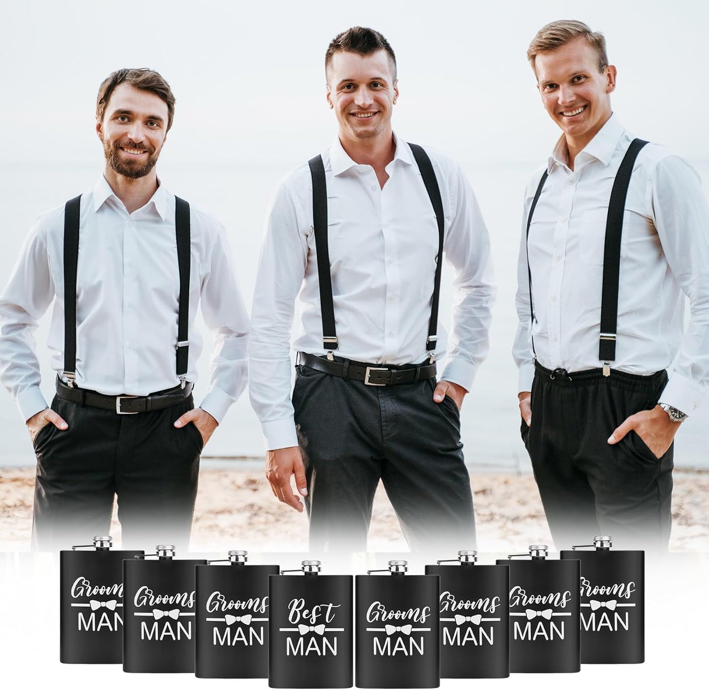 ELEGANTPARK Engraved Groomsman Flasks Set of 8 Best Man Groomsmen Proposal Gifts Wedding Bachelor Party Favor Stainless Steel Hip Flask for Liquor with Funnel for Men 8 OZ Black ﻿