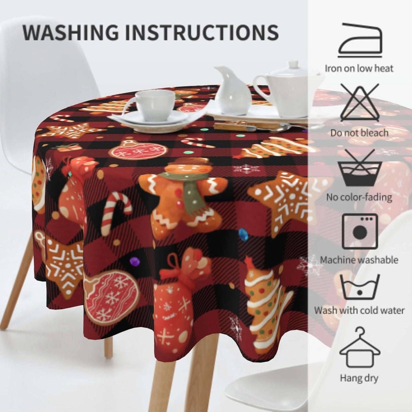 Giwawa Gingerbread Man Round Tablecloth for Kitchen Dining, 60Inch Christmas Cookies Balls Buffalo Plaids Table Cover, Winter Snowflakes Xmas Trees Table Cloth Washable for Holiday Party Decor