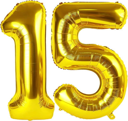 Gold Number 15 Balloon 40 Inch, 15th Birthday Party Decorations for Children, Giant 15 Foil Balloon for Party Supplies